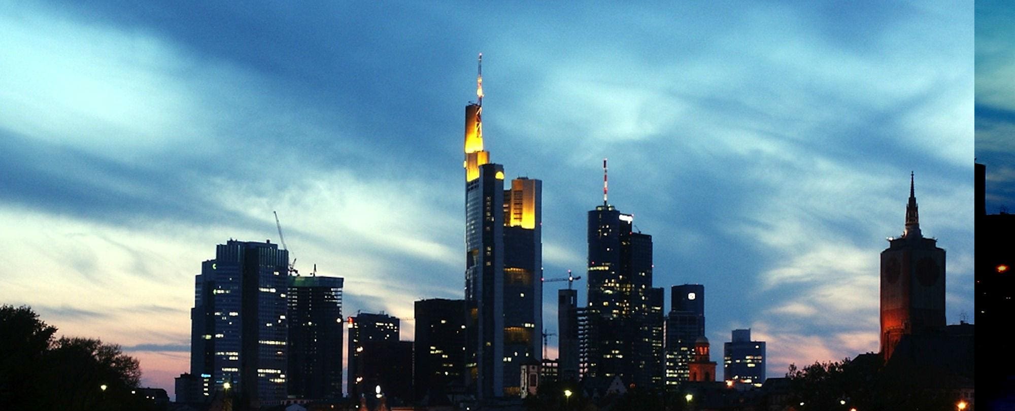 Frankfurt skyline at dusk, home to the European Central Bank