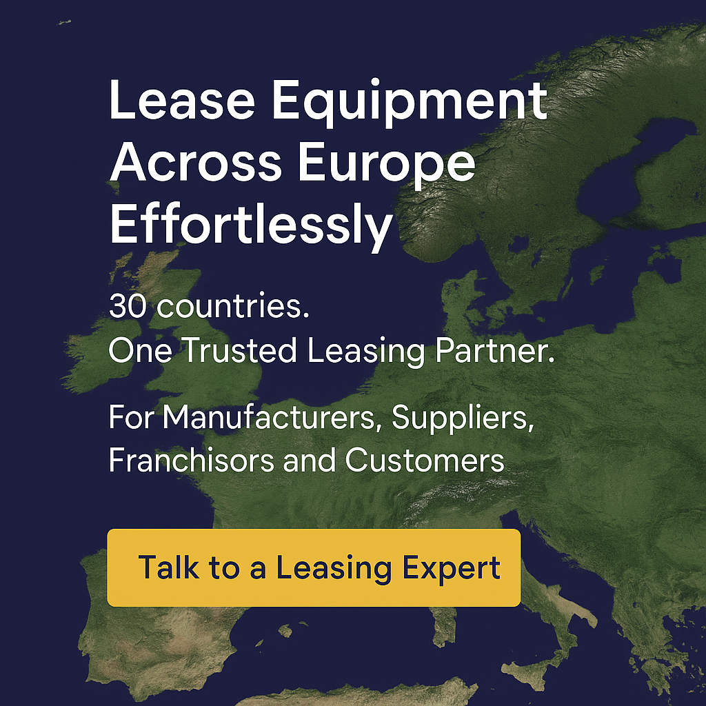 Map of Europe showing Oak Leasing's equipment leasing coverage across 30+ countries